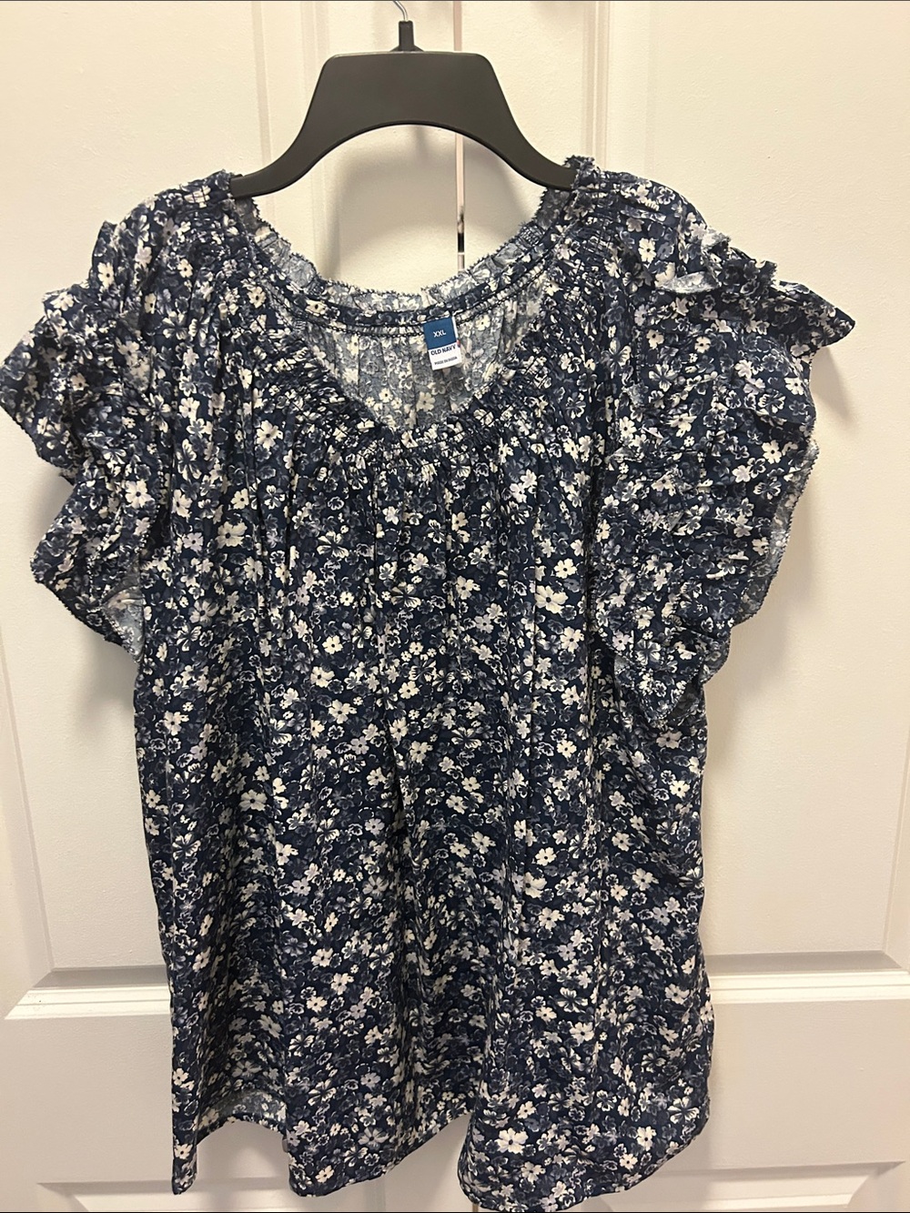 Old Navy Navy and White Floral Smocked Neck Blouse